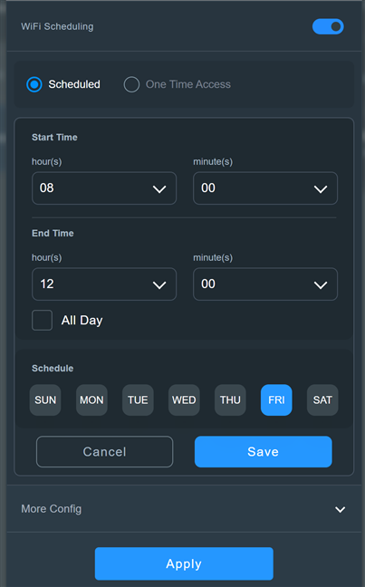 The options for scheduling the guest Wi-Fi