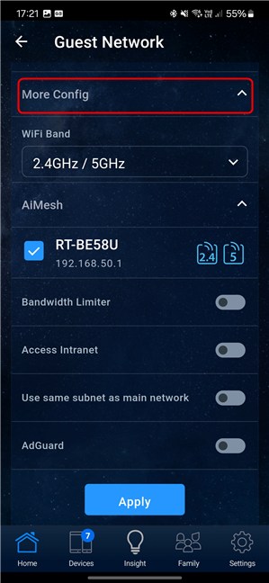 Tap More Config and personalize the guest network