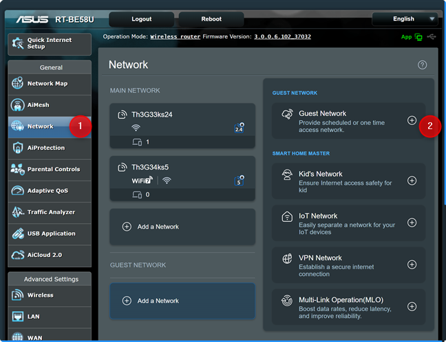 On your ASUS router, tap Network and then Guest Network