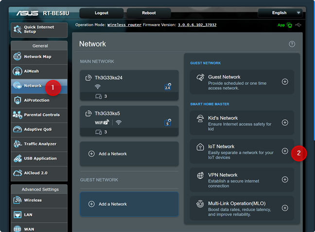 On your ASUS router, go to Network and click or tap IoT Network