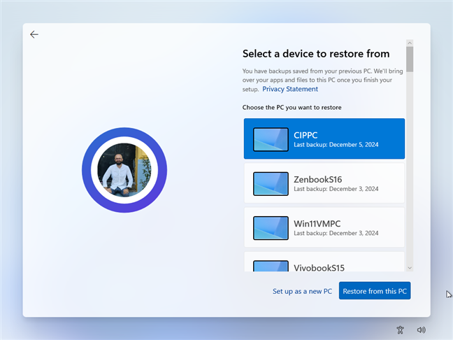 Choose the PC you want to restore or Set up as a new PC