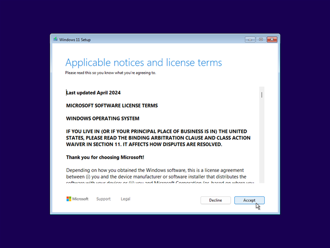 Accept the license terms to go ahead with the Windows 11 installation