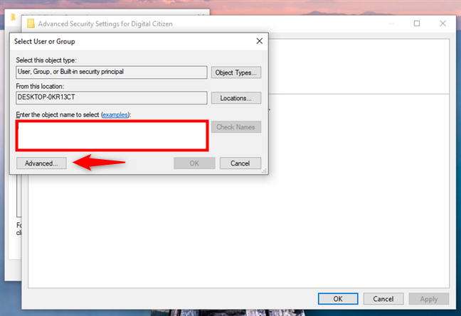 Enter the user or group, or click the Advanced button