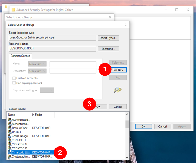 Press Find now, choose the user/group, and click OK