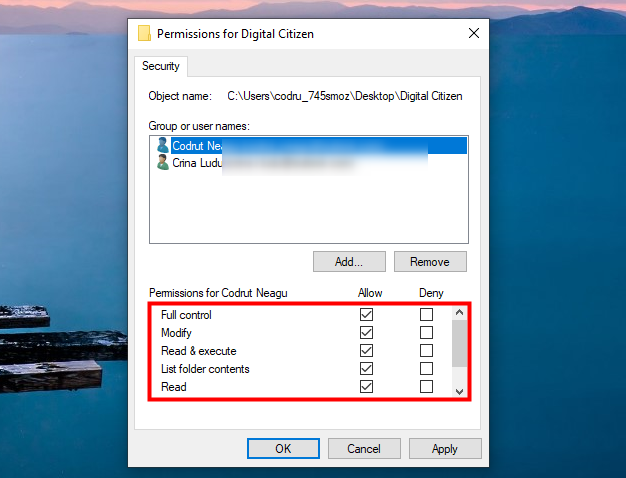 Folder permissions for a user in Windows