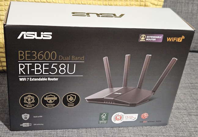 The packaging for ASUS RT-BE58U includes recycled materials