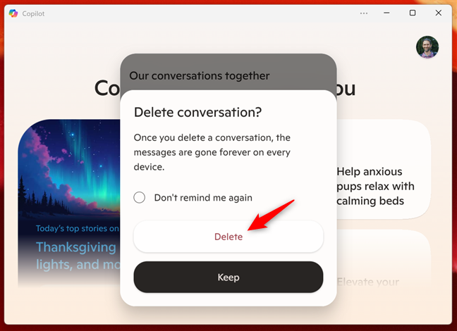 Confirming that you want to delete a conversation with the Copilot