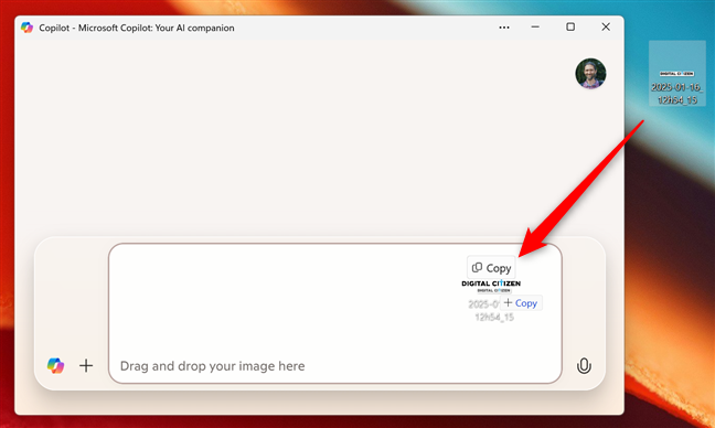Drag and drop an image to the Copilot