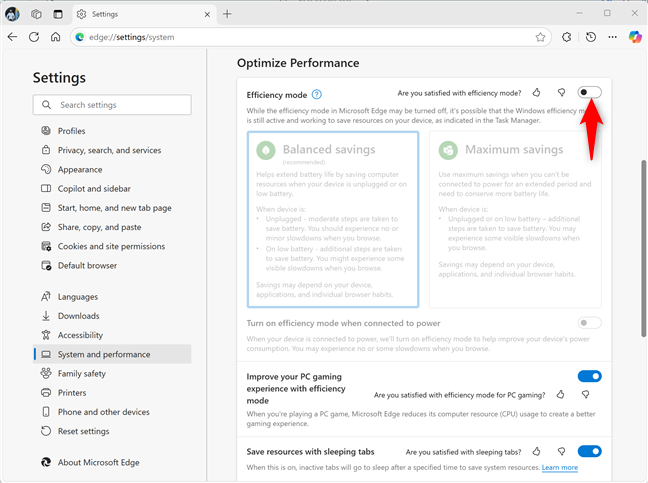 Disabling Efficiency mode in Microsoft Edge