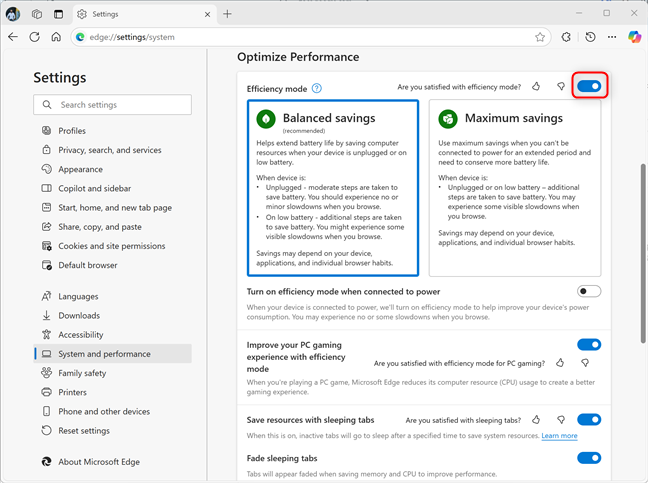 Turning on Efficiency mode in Microsoft Edge