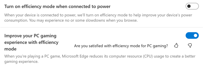 Activating additional options for Efficiency mode