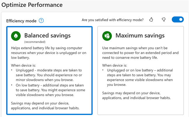 The presets for Efficiency mode in Microsoft Edge