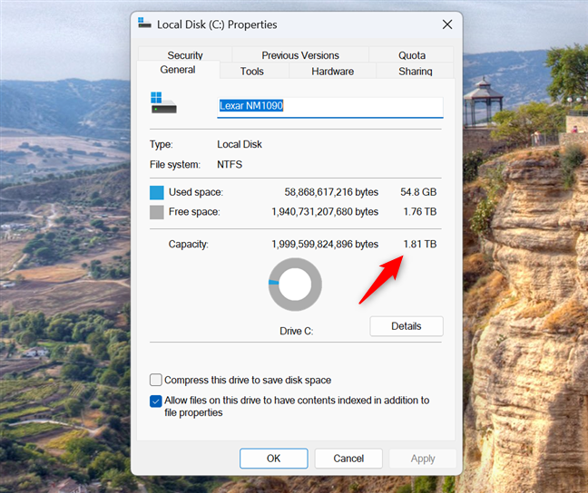 The SSD's capacity in Windows 11