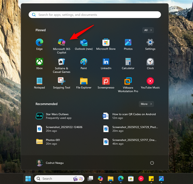 The Microsoft 365 Copilot app shortcut in Windows 11