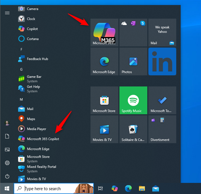 The Microsoft 365 Copilot app in Windows 10's Start Menu