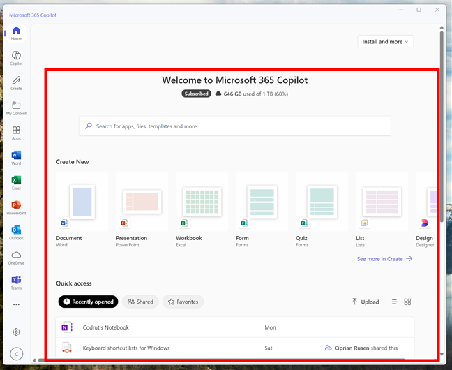 The dashboard of the Microsoft 365 Copilot 