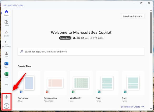 The Settings and account buttons in Microsoft 365 Copilot