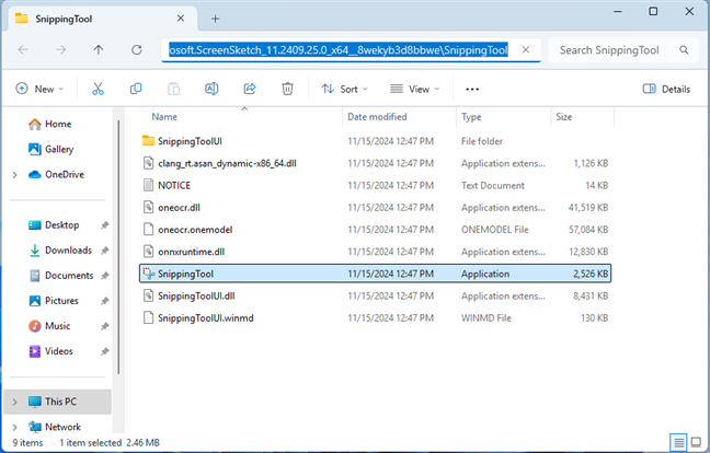 The location of the Snipping Tool file in Windows 11