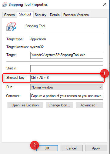 Set the Shortcut key you want for the Snipping Tool