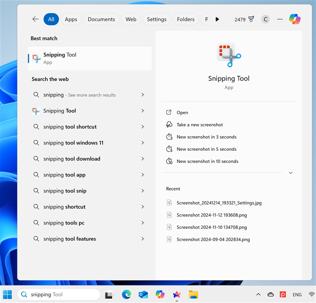 Searching for Snipping Tool in Windows 11