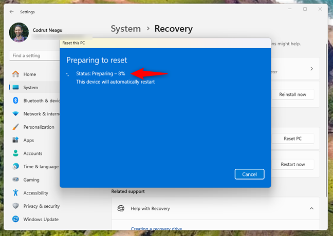 Preparing to factory reset Windows 11