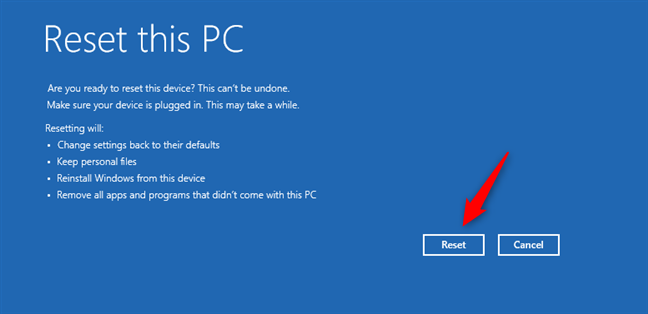 Start the resetting process for Windows 11