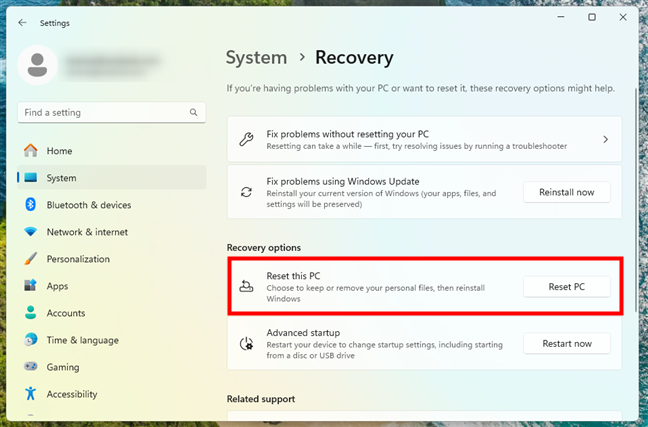 Choose Reset PC in Recovery options