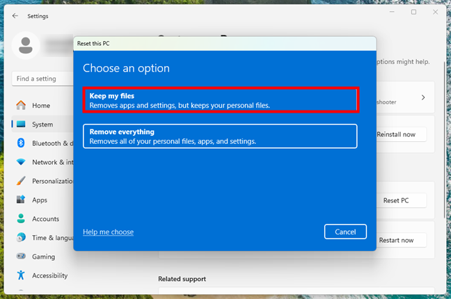 Choose Keep my files when resetting your PC