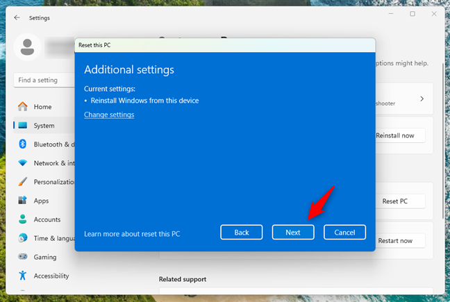 Additional settings for the Windows 11 reset