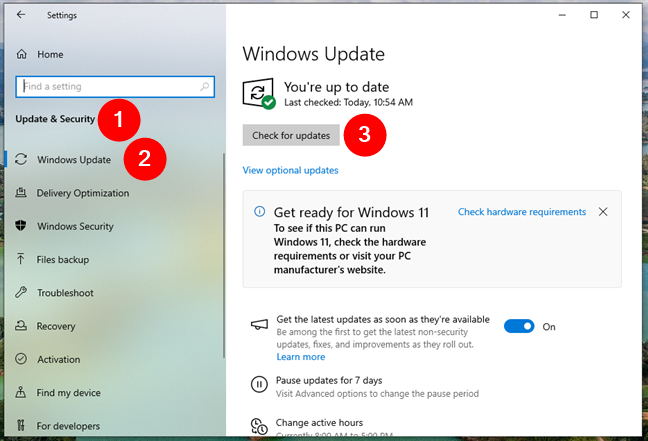 Check for updates in Windows 10