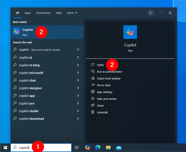 Open Copilot using search in Windows 10