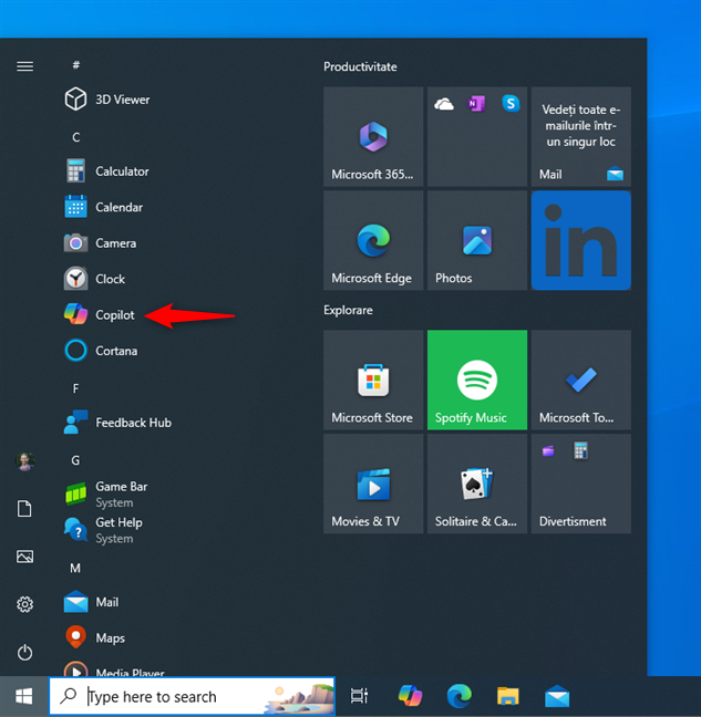 Click Copilot in the Start Menu list from Windows 10