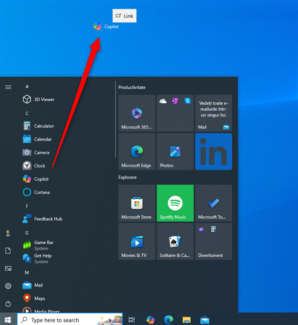 Drag and drop Copilot on the desktop in Windows 10
