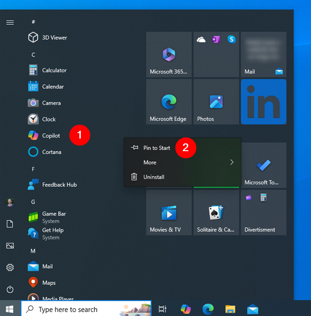 How to pin Copilot to the Start Menu in Windows 10