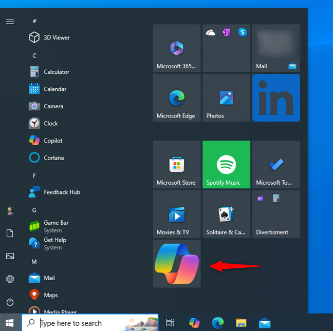 Copilot pinned to the Start Menu in Windows 10