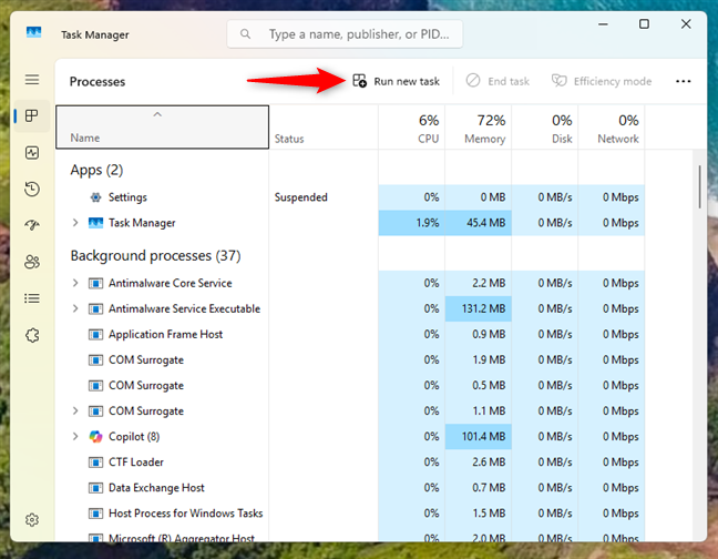 Open Task Manager and press Run new task