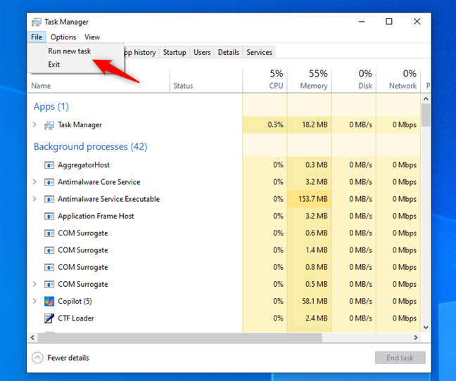 Click or tap Run new task in Task Manager