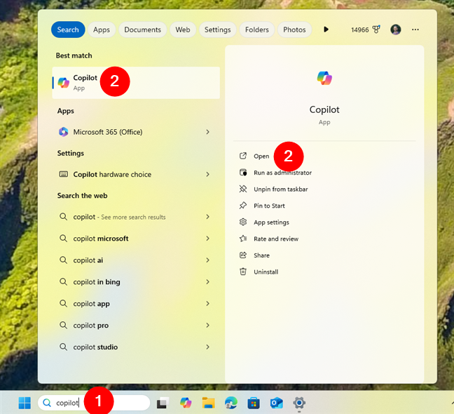 Open Copilot using search in Windows 11