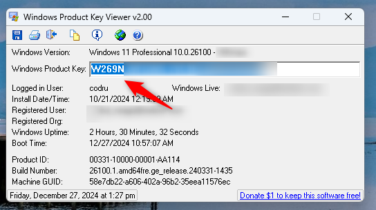 Windows Product Key Finder showing the Windows product key