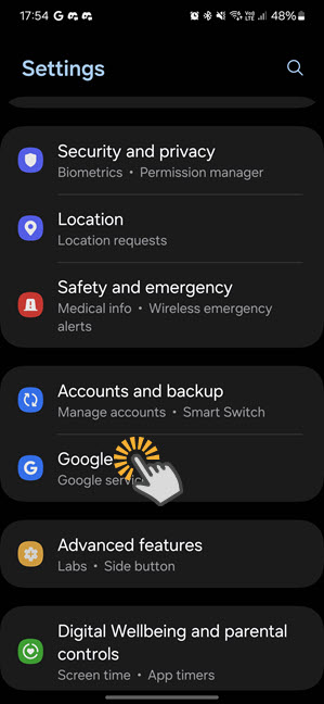 On your Samsung Galaxy, open Settings and go to Google