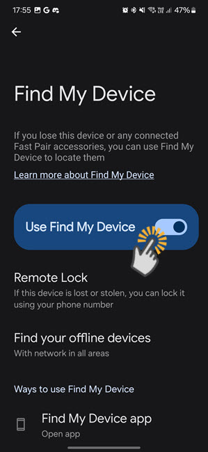 Tap the switch for Use Find My Device