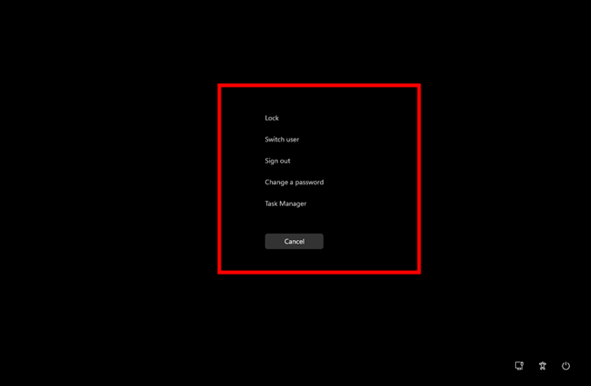 The Ctrl Alt Delete screen and its main options in Windows 11