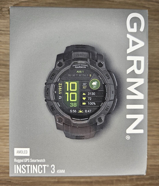 Garmin Instinct 3 comes in a gray cardboard box