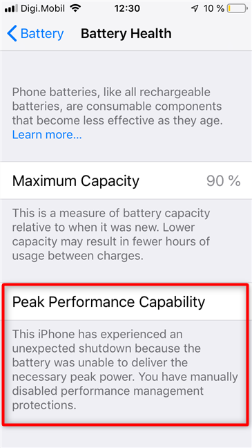 Peak Performance Capability was disabled on an iPhone