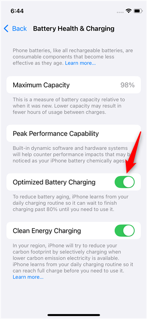 Tap the Optimized Battery Charging switch