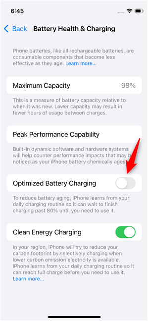 Optimized Battery Charging was disabled on this iPhone