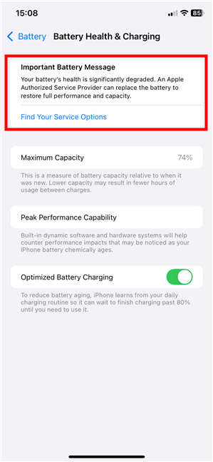 iPhone's battery health is significantly degraded and should be replaced