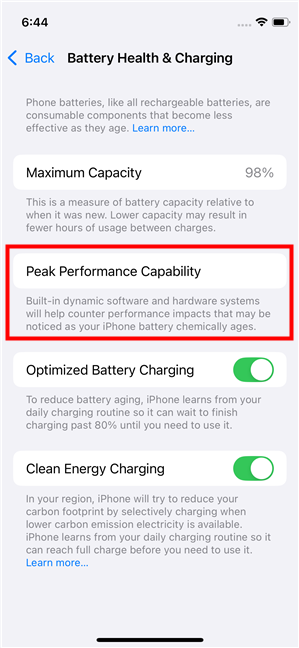 The Peak Performance Capability of an iPhone's battery