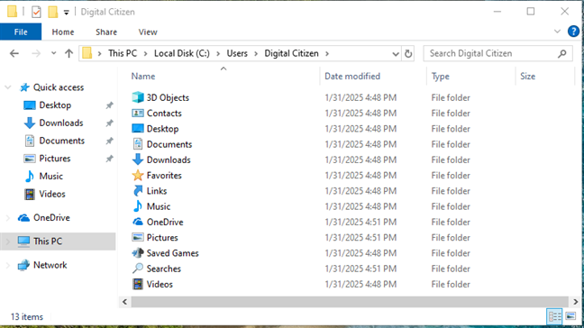 The default user folders in Windows 10