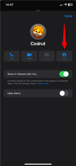 Access the info screen to unblock a phone number on iPhone